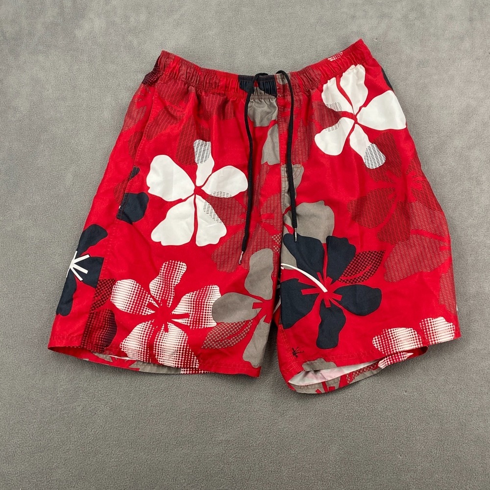 Vintage Y2K Nike Board Shorts Sz L Red Hibiscus Floral Swoosh Mesh Lined